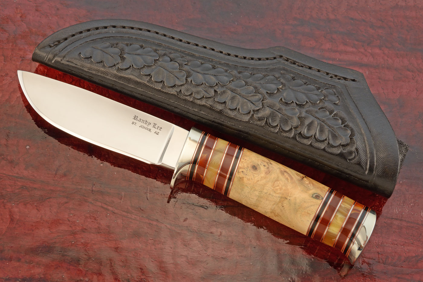 Drop Point Hunter with Buckeye Burl, Amber, and Micarta