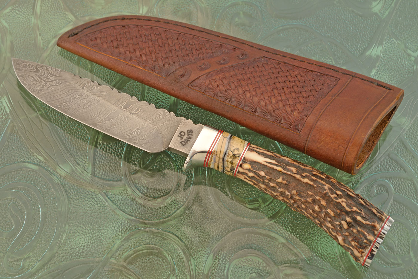 Damascus Drop Point Hunter with Stag and Mammoth Molar