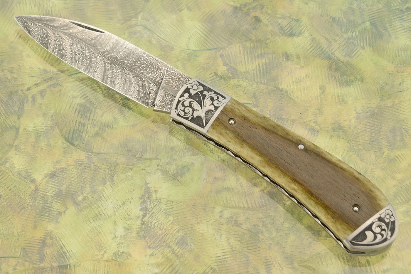 Engraved Feather Damascus Zulu Slipjoint with Green Bone