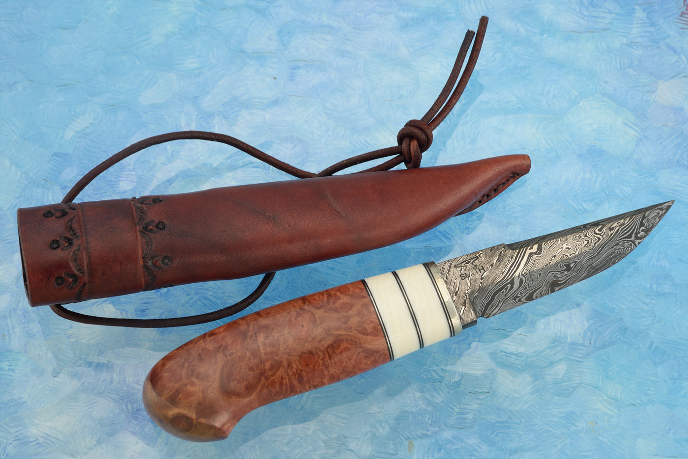 Damascus Puukko with Red Ivory Burl