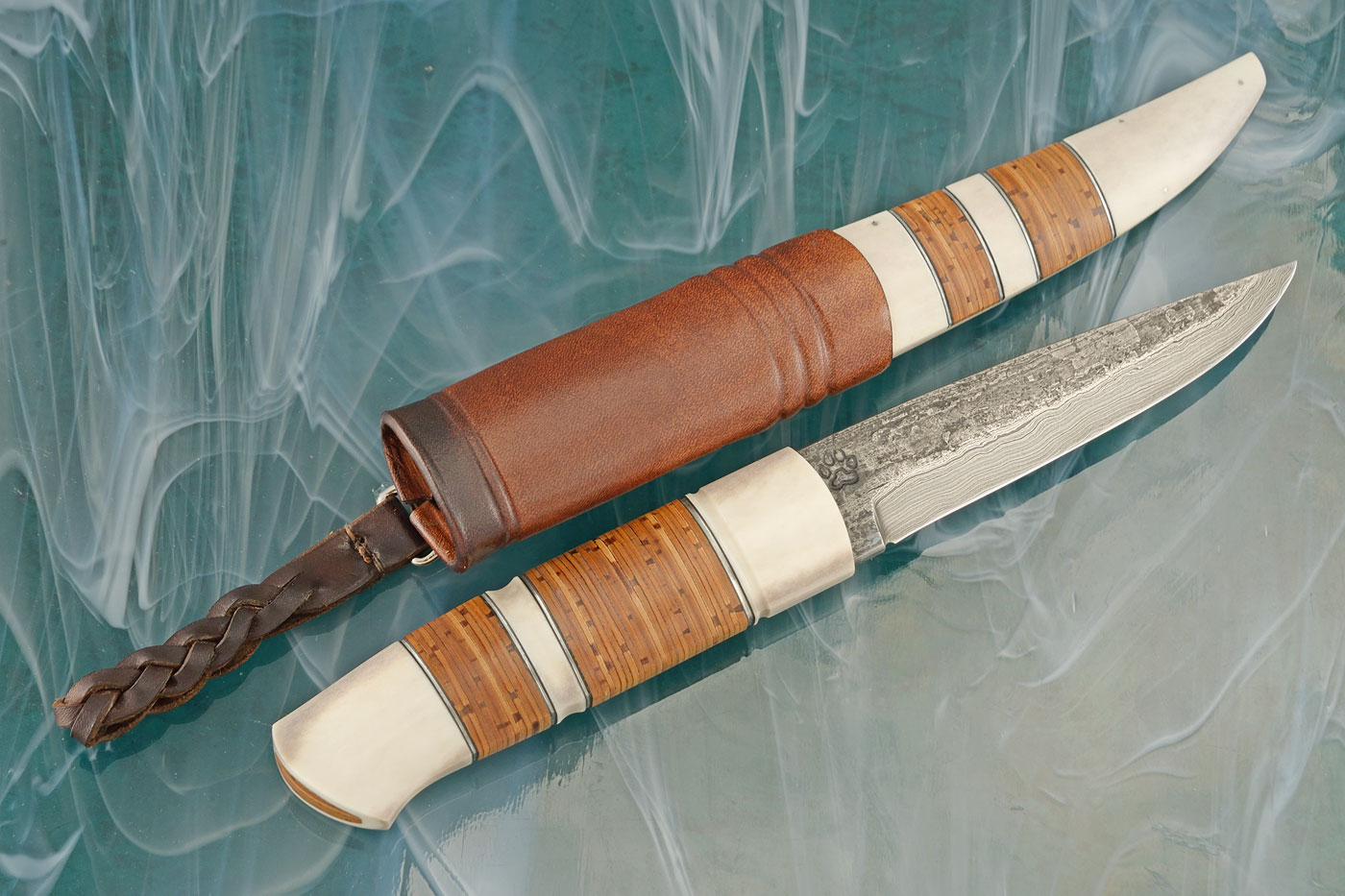 Damascus Swedish Hunter with Reindeer Antler and Birch Bark