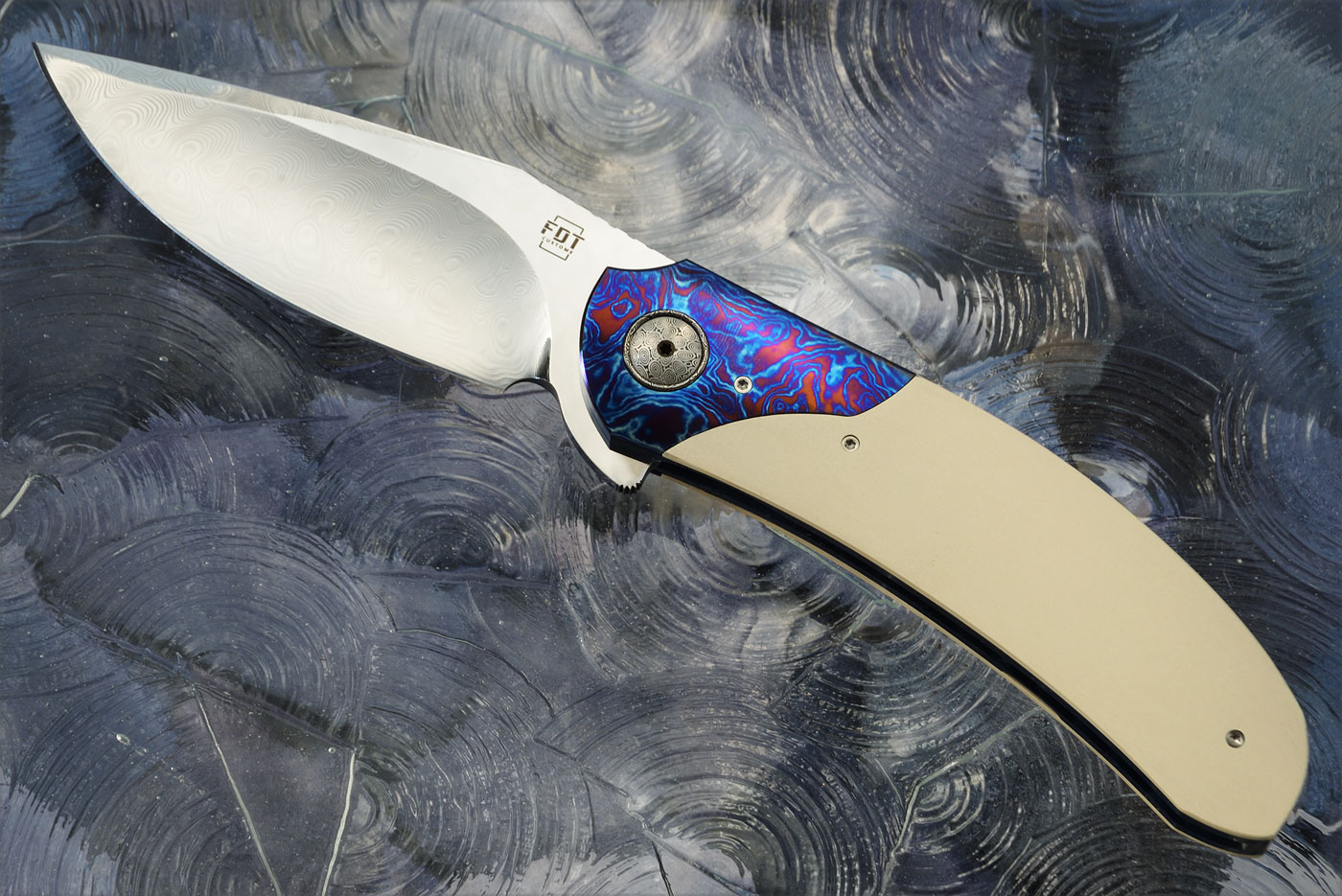 TF-4 Flipper with Damasteel, White Paper Micarta, and Timascus (Ceramic IKBS)