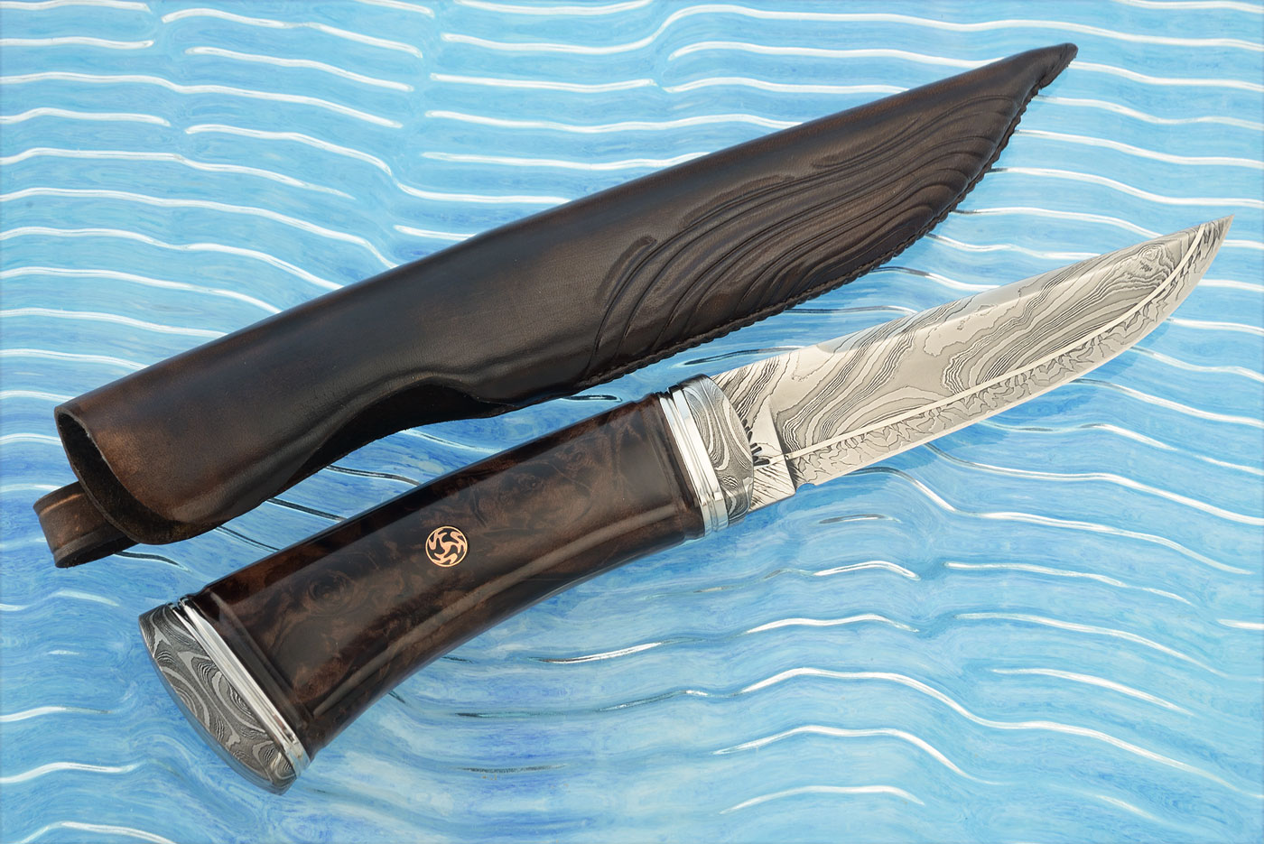 Multi-bar Damascus Hunter with Maple Burl