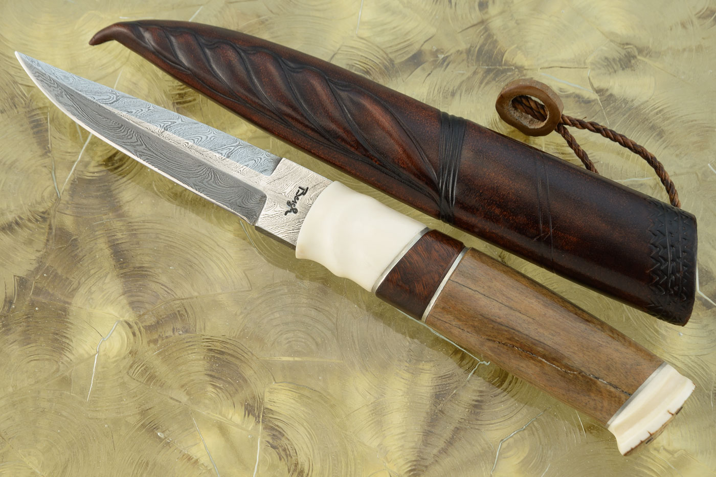Damascus Puukko with Woolly Rhino Bone, Mammoth Ivory, Ironwood, and Reindeer Antler