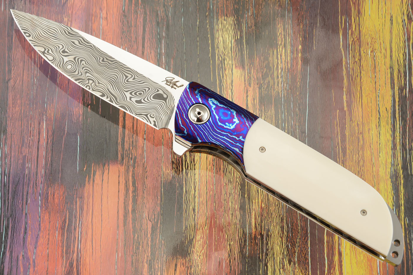 Kazi Flipper with Damasteel, Timascus, and Faux Ivory