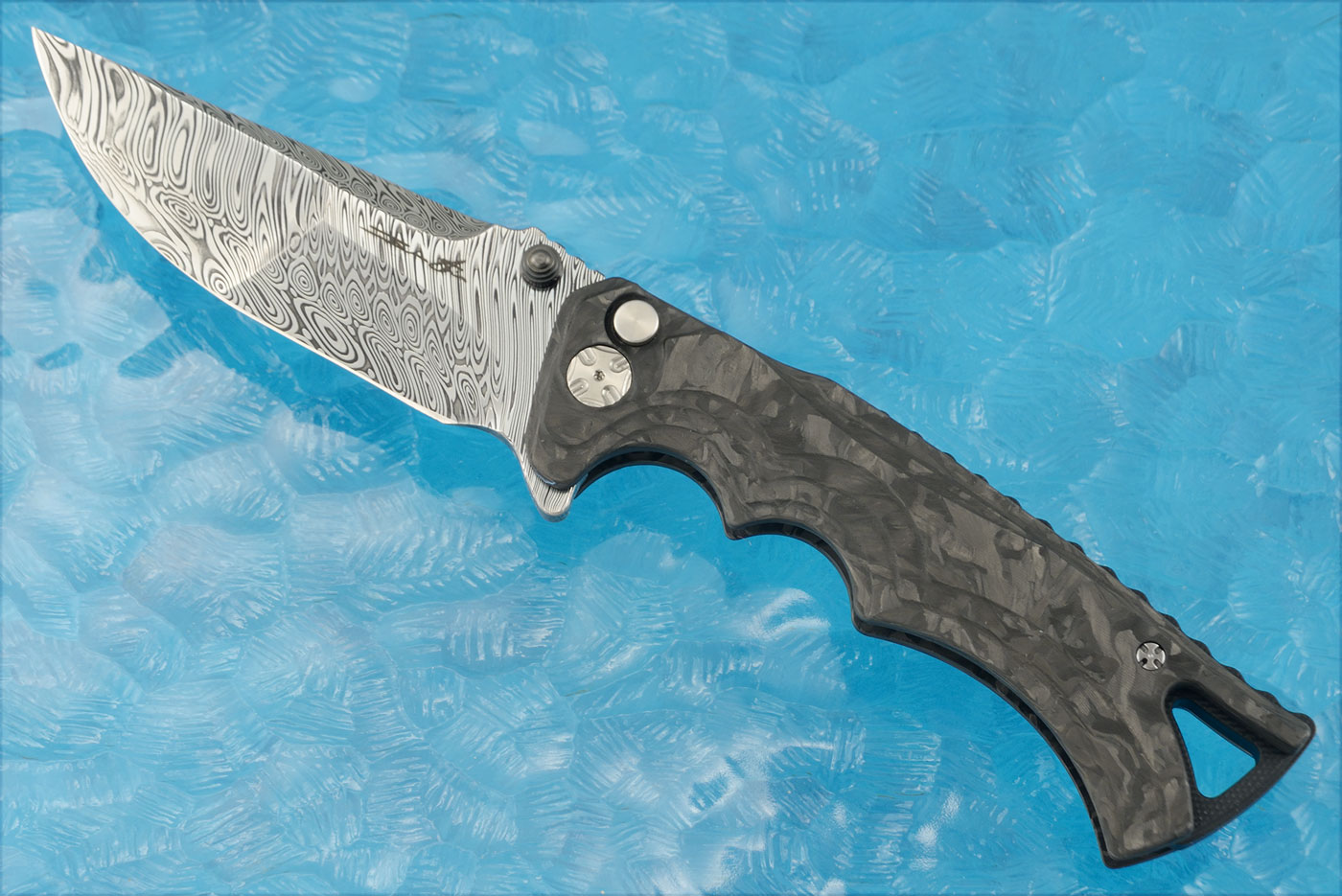 Tighe Fighter Button Lock Flipper with Marble Carbon Fiber - Damasteel