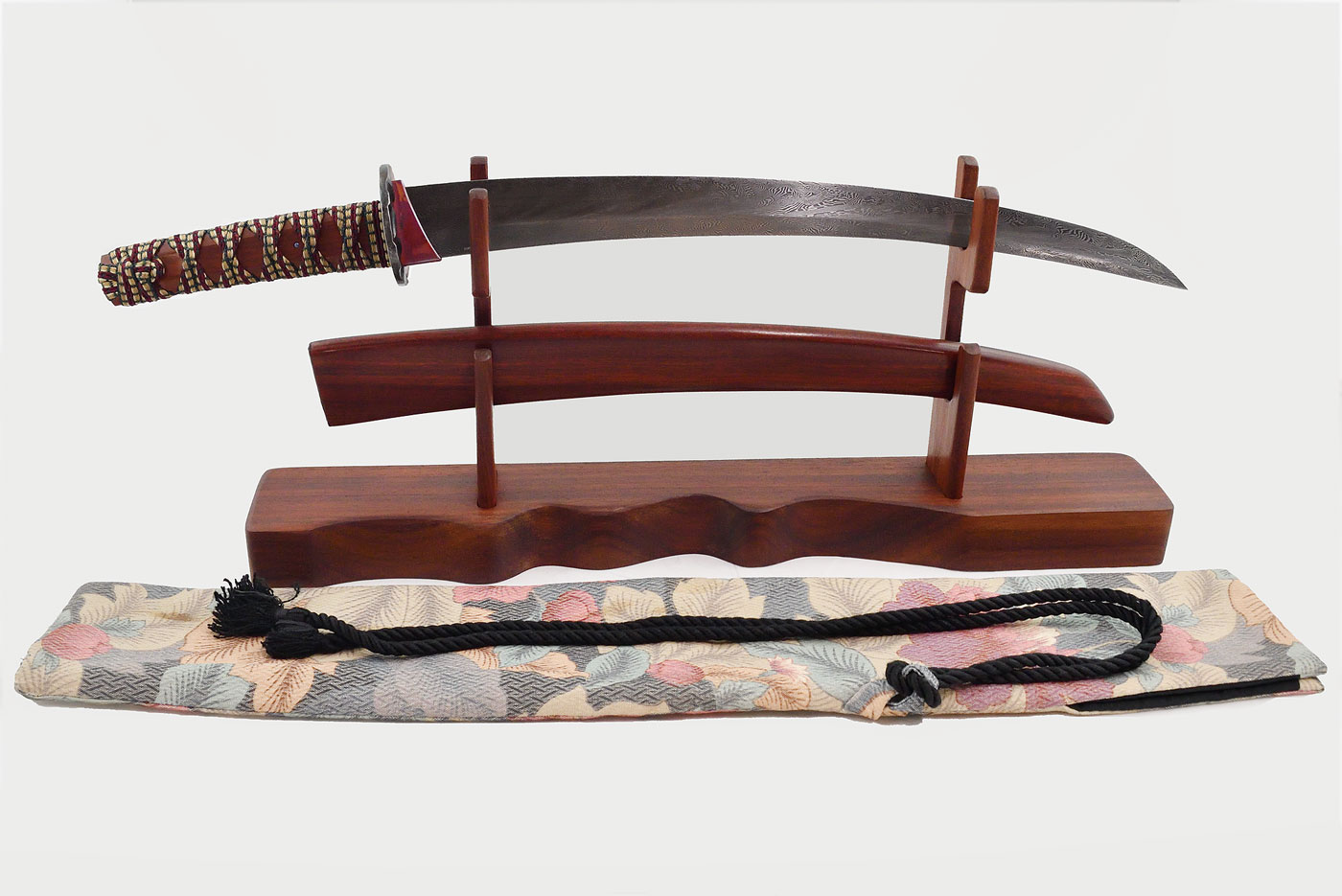 Damascus Wakizashi with Bloodwood and Carbon Fiber