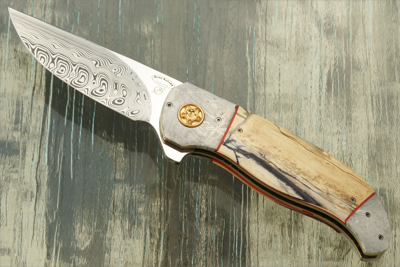 AKGM-02 Damascus Flipper with Mammoth Ivory and Meteorite (IKBS)
