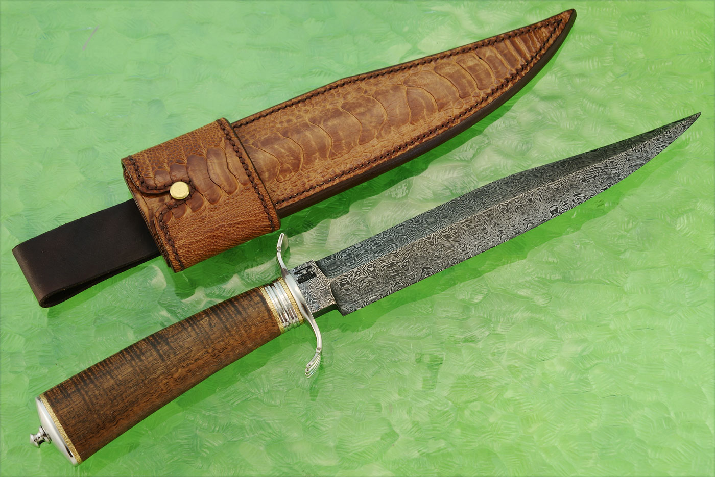 Damascus Clip Point Bowie with Curly Koa