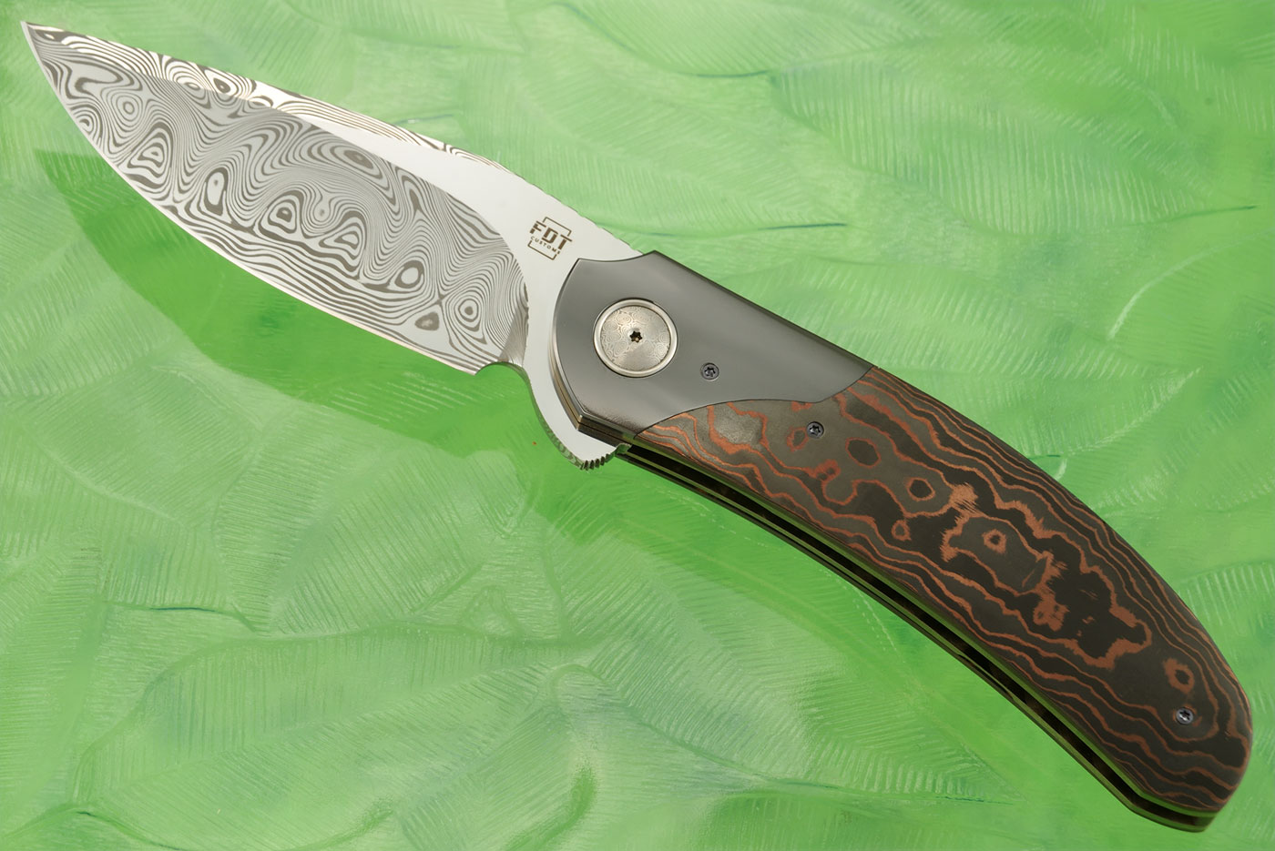 TF-4 Flipper with Copper Camo FatCarbon, Zirconium, and Damasteel (Ceramic IKBS)