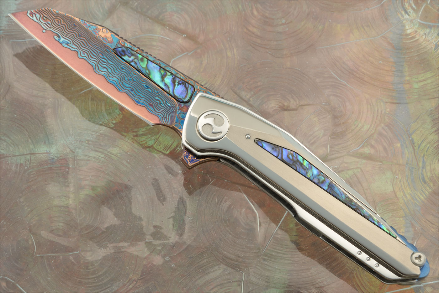 Chronos Flipper with Titanium and Abalone Shell - VG-10 Stainless Damascus