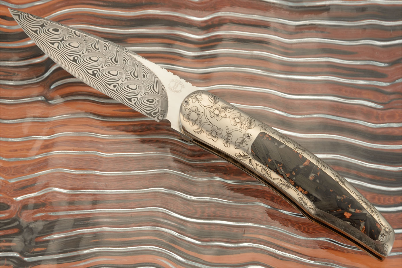 HI-11 Front Flipper with Damasteel, Copper Flake Carbon Fiber, and Engraved Titanium (Ceramic IKBS)