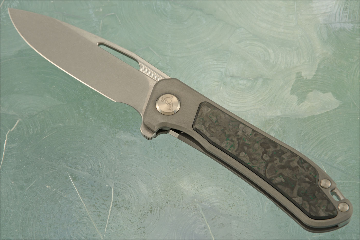 Orca 2.0 Frame Lock Flipper with Green TechnoCarbo Inlay - Stonewash M390 - Serial 128