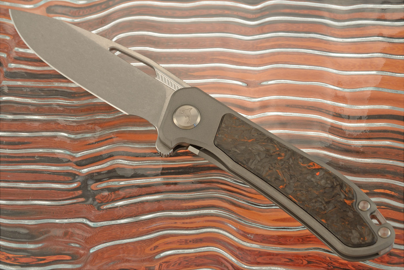 Orca 2.0 Frame Lock Flipper with Orange Dark Matter FatCarbon Inlay - Stonewash M390 - Serial 132