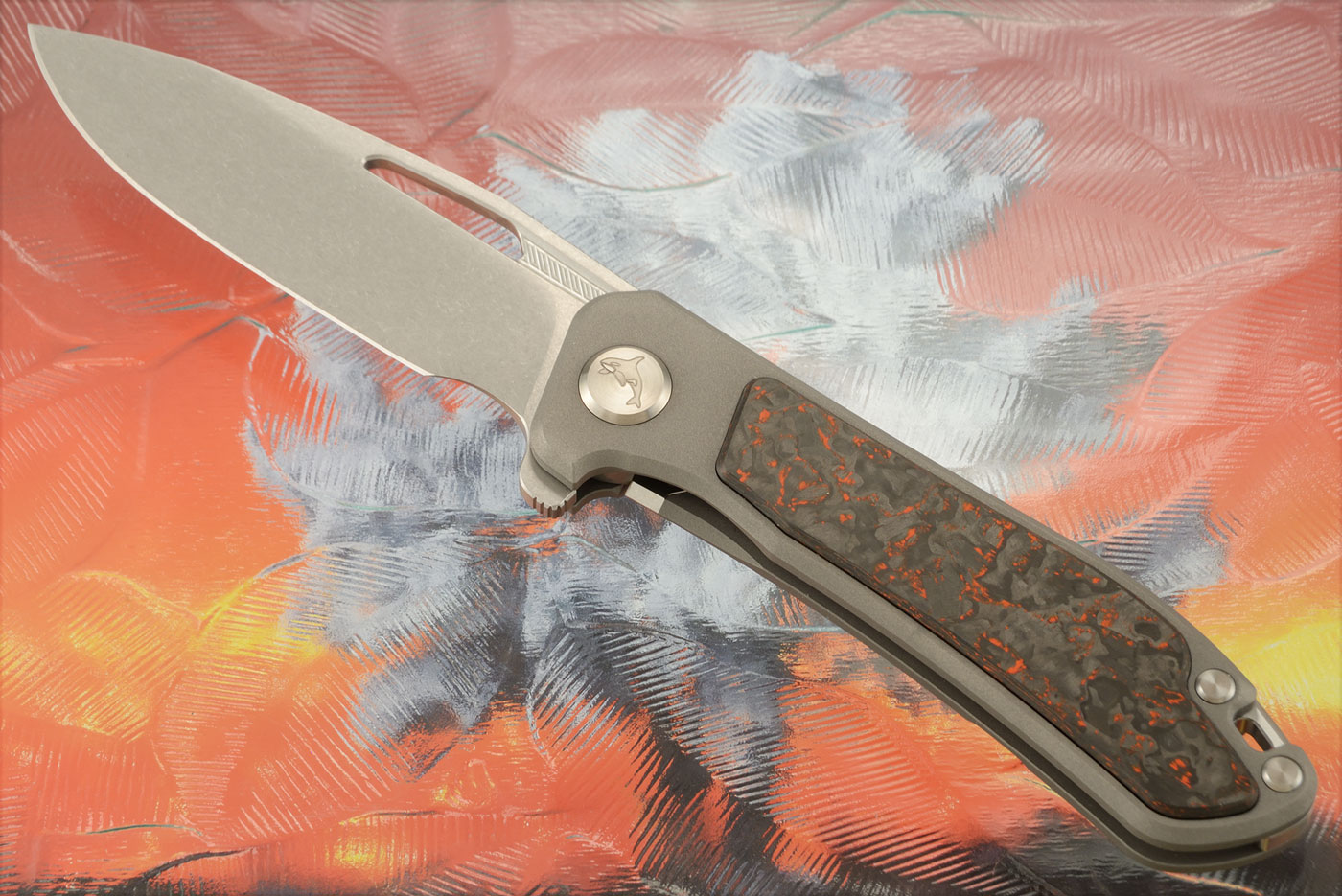 Orca 2.0 Frame Lock Flipper with Orange TechnoCarbo Inlay - Stonewash M390 - Serial 131
