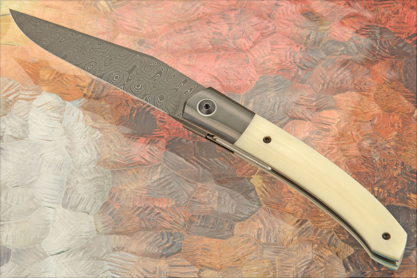Lag Front Flipper with Stainless Damascus, Ivory Micarta, and Zirconium