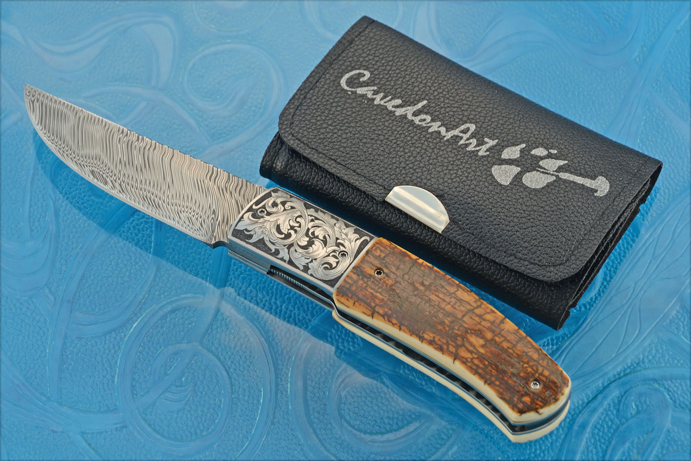 Engraved Jabali Bark Front Flipper with Damasteel and Mammoth Ivory