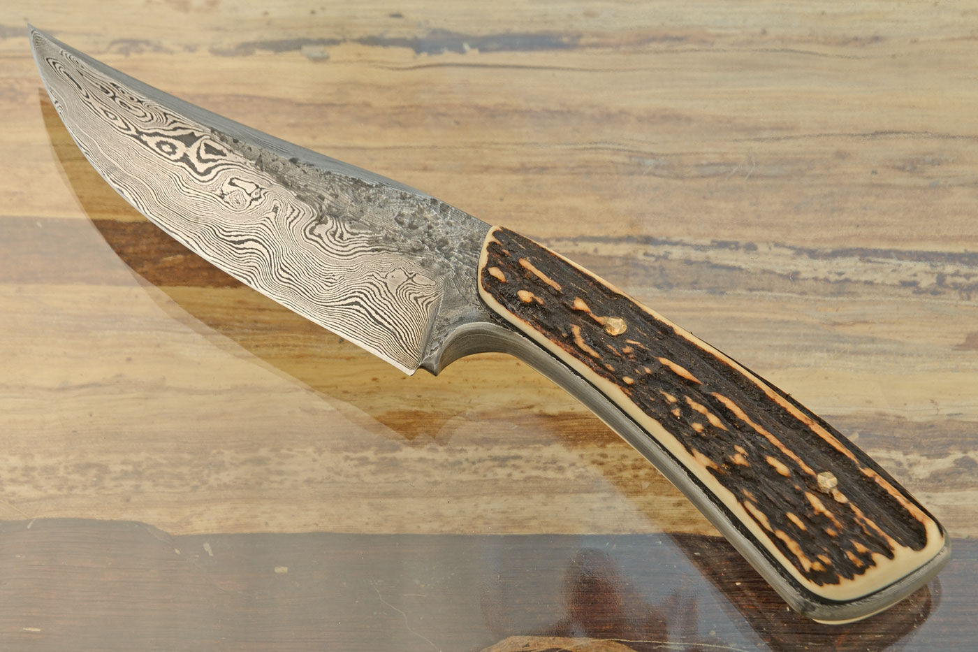 Damascus Ranch Hand Brut de Forge Utility Knife with Stag