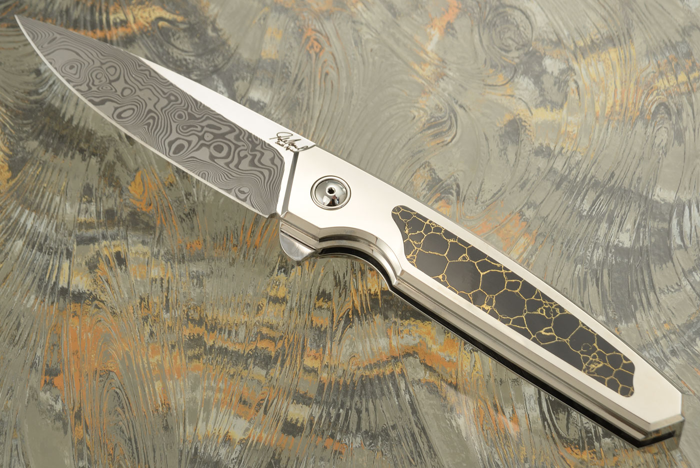 Damascus NS Flipper with Titanium and Gold Web Onyx