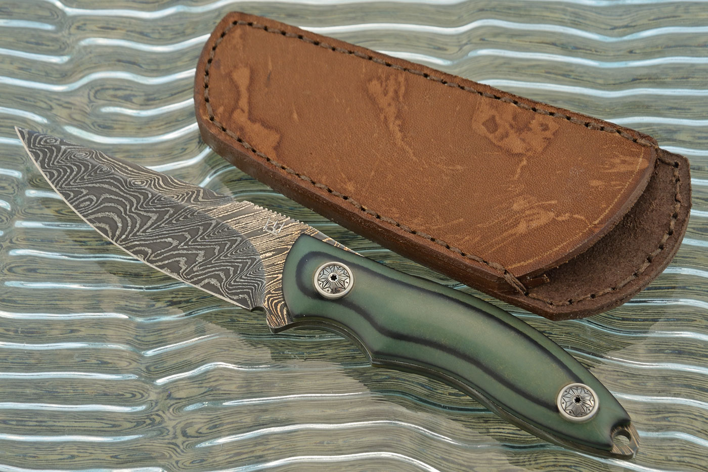 Engraved Pocket Carry EDC with Damascus and Vintage Green/Black G-10