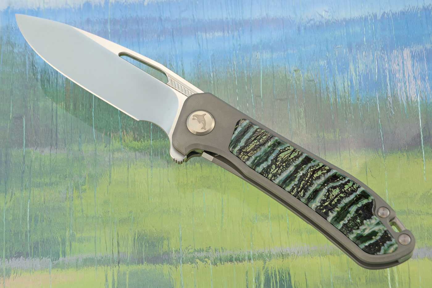 Orca 2.0 Frame Lock Flipper with Green Mammoth Molar Inlay - Satin M390 - Serial 251
