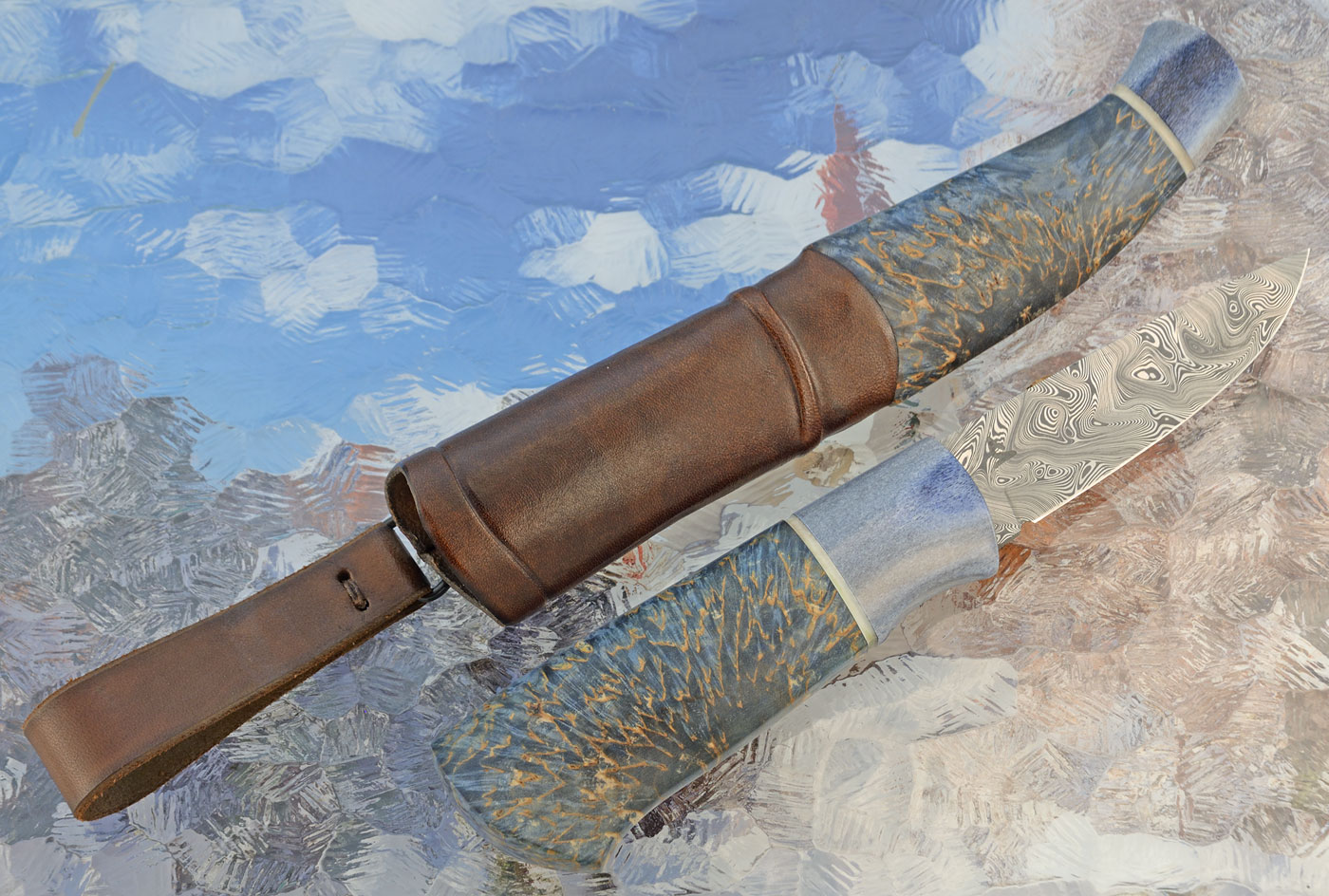 Nordic Blue Swedish Hunter with Reindeer Antler and Birch Burl - Damasteel
