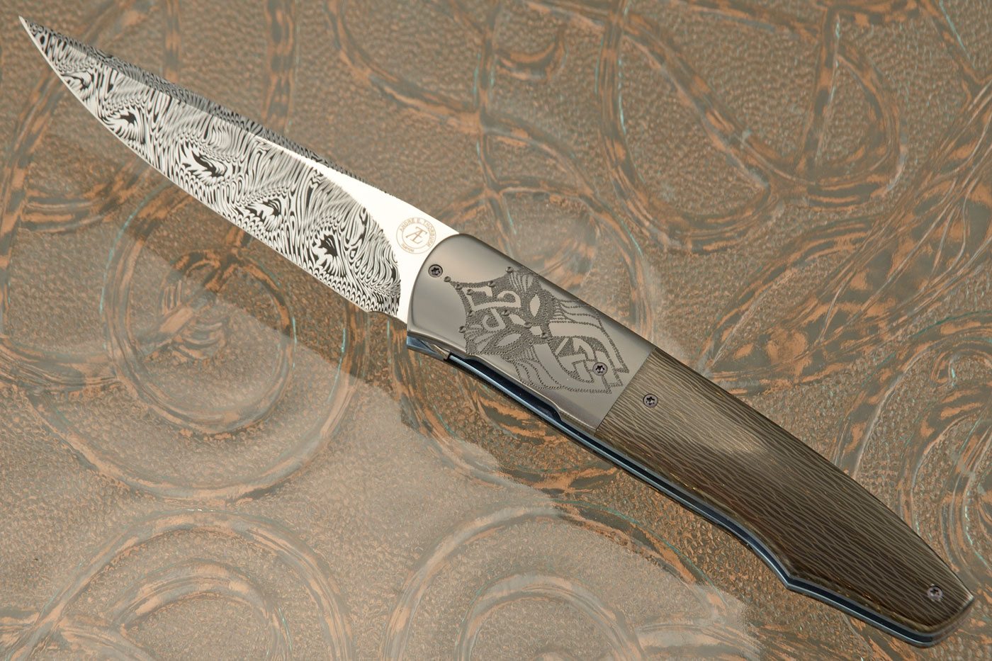 L19 Front Flipper with Crosscut Gold Snakeskin FatCarbon and Zirconium (Ceramic IKBS) - Damasteel