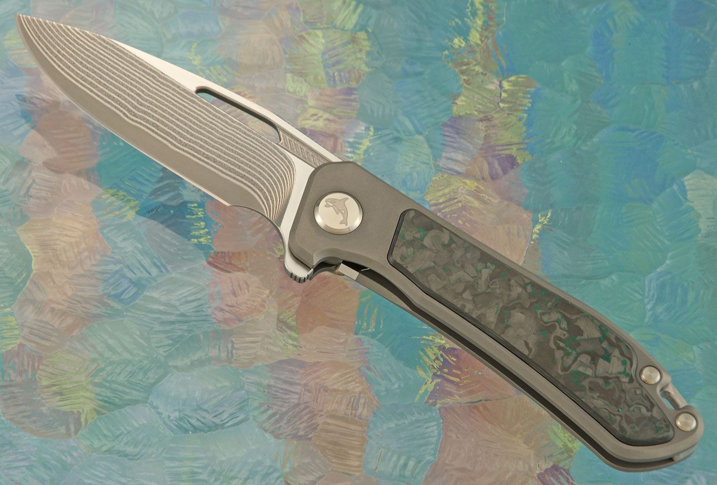 Orca 2.0 Frame Lock Flipper with Green TechnoCarbo Inlay - SG2 San Mai Damascus - Serial 316