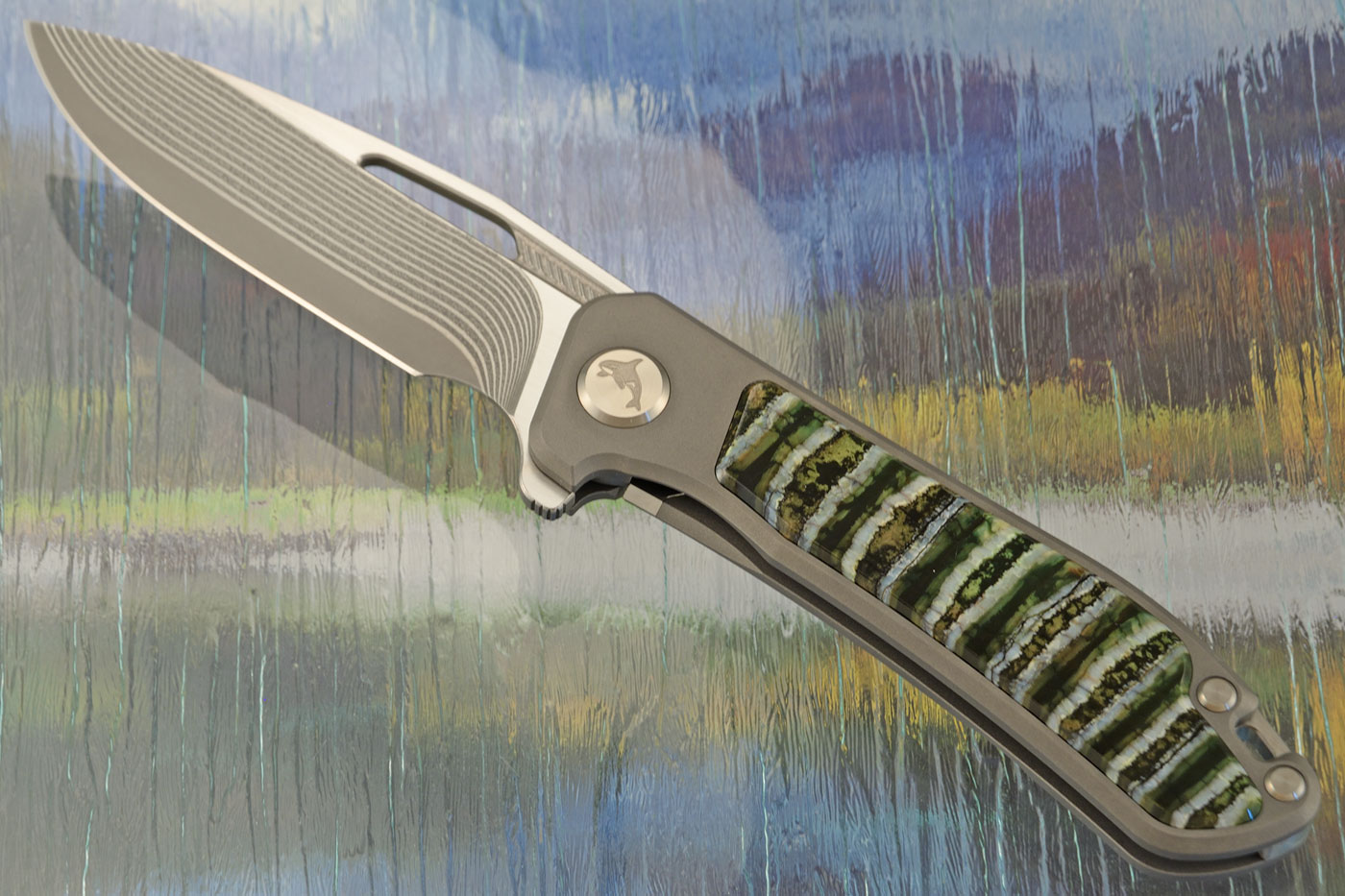 Orca 2.0 Frame Lock Flipper with Green Mammoth Molar Inlay - SG2 San Mai Damascus - Serial 309