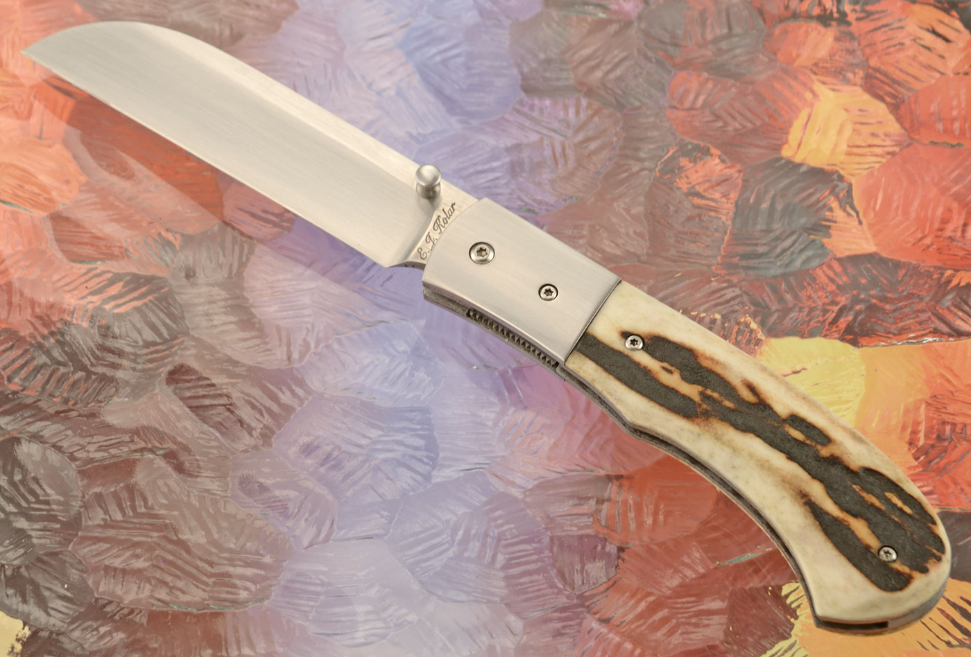 Engraved Sheepsfoot Linerlock with Stag