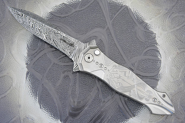 Engraved Twist Tighe Nouveau Button Lock Flipper with Damasteel