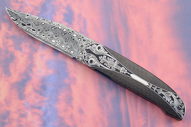 L40 IKBS Damascus Interframe Folder with Carbon Fiber - Floral Scroll