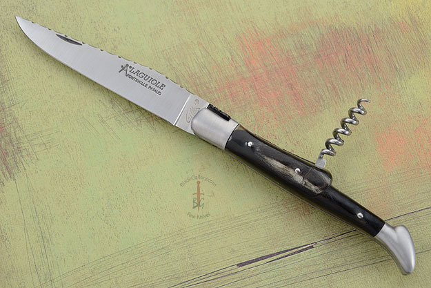 Laguiole Guilloché Picnic Knife with Corkscrew, Dark Ram Horn