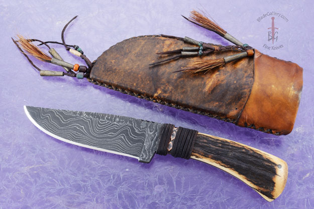 Belt Knife with Elk Antler and Damascus