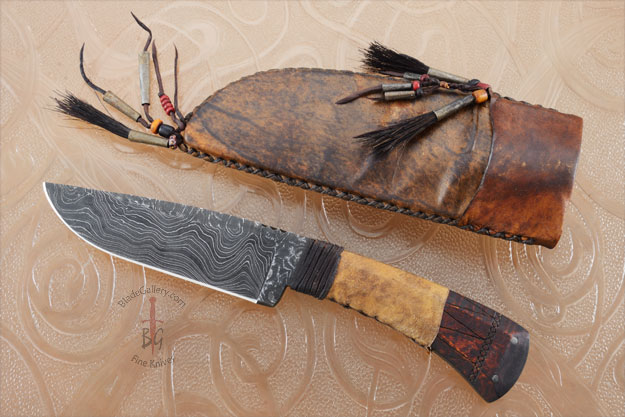 Belt Knife with Maple, Tribal Markings and Damascus