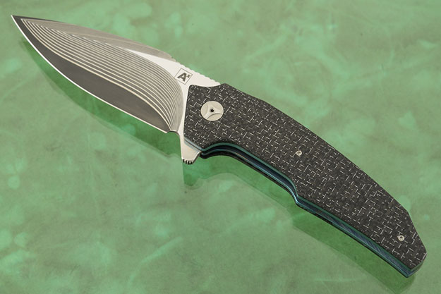 A6 Flipper with Damascus and Silver Strike Carbon Fiber (Ceramic IKBS)