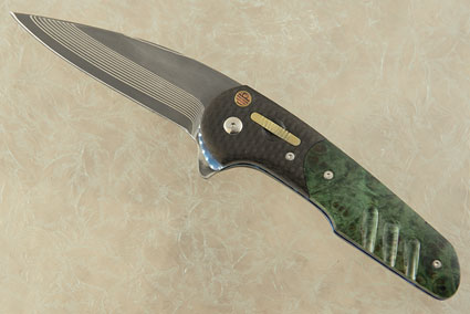 Offshore Pool Lock Flipper with Green Maple Burl, Carbon Fiber and San Mai Damascus
