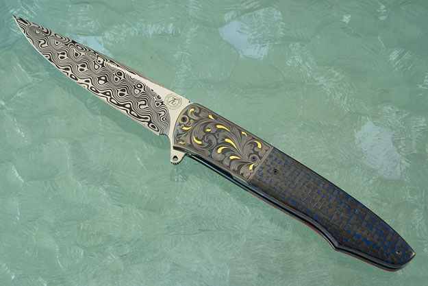 L19 Flipper with Damascus, Engraved Zirconium, and Blue Lightning Strike Carbon Fiber (Ceramic IKBS)