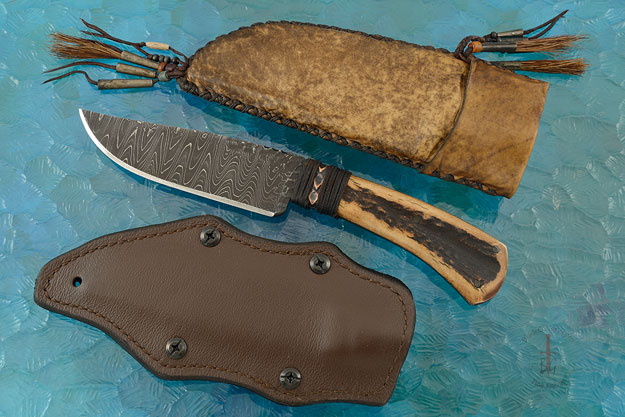 Belt Knife with Elk Antler and Damascus
