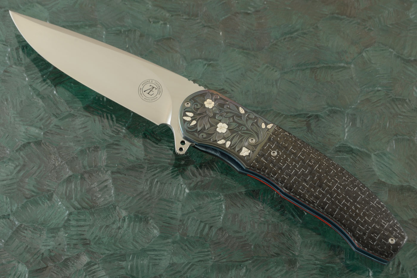 L48 Flipper: Silver Strike Carbon Fiber with Engraved Zirconium (Ceramic IKBS) - M390