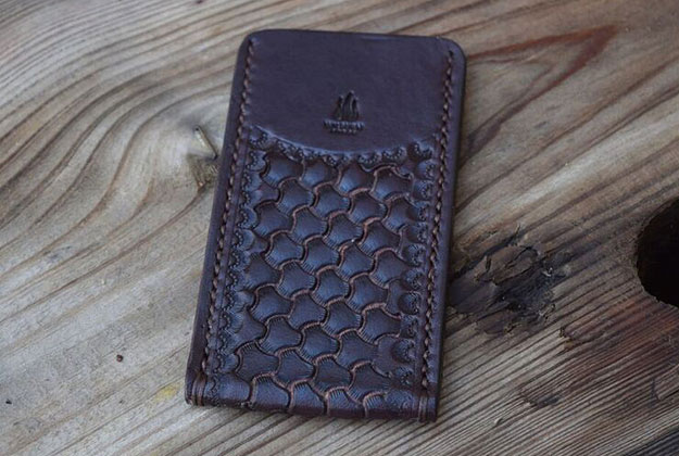 Folding Knife Pouch - English Bridle Leather with Native Basketweave Tooling