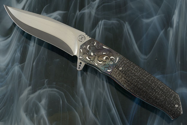 L36M Flipper with Silver Strike Carbon Fiber, Zirconium, and SG2 San Mai Damascus - Engraved Scrolls and Silver Inlay (Ceramic IKBS)
