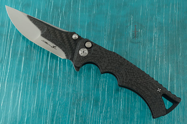 Tighe Fighter Button Lock Flipper with Carbon Fiber San Mai