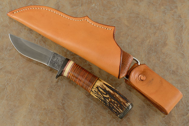 Field Knife with Sambar Stag, Mammoth Ivory, and Stacked Leather