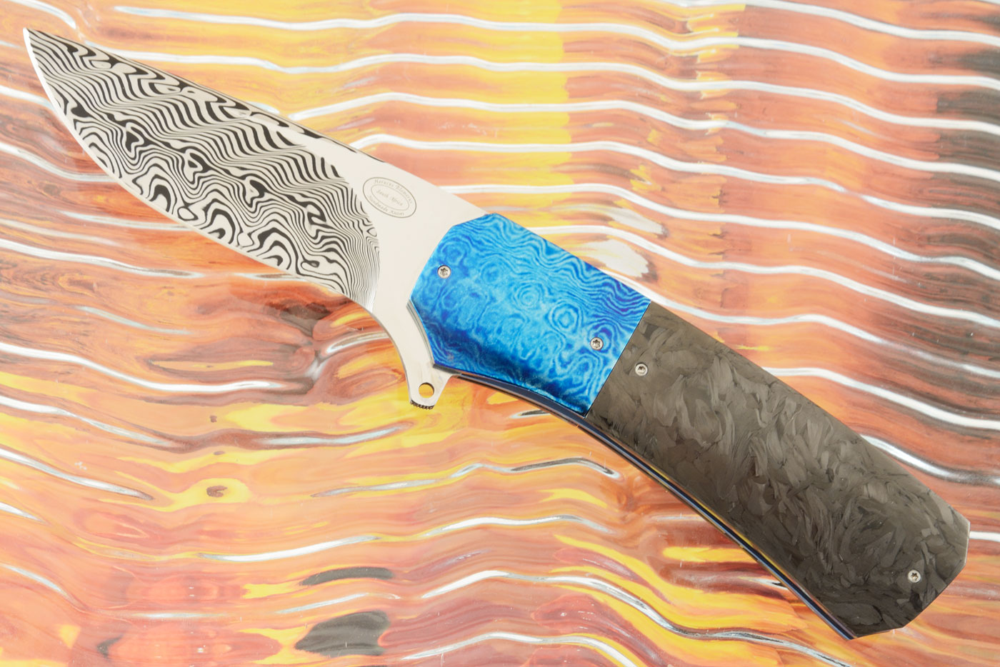 LL15 Flipper with Marbled Carbon Fiber, Damasteel, and Titanium Damascus (Ceramic IKBS)