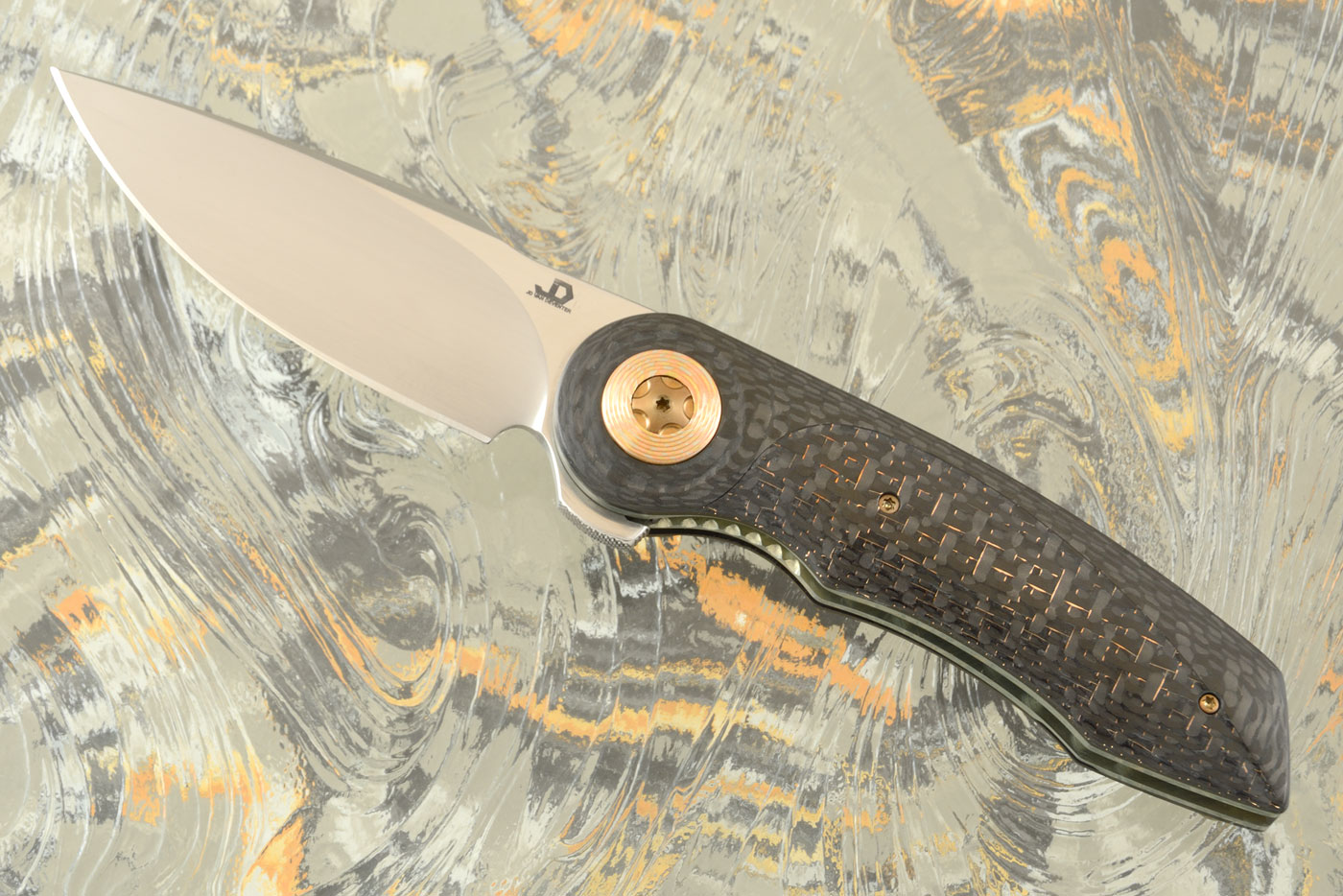 Gold Mini Flipper with Lightning Strike Carbon Fiber and Mokume Pivot Collar (IKBS)