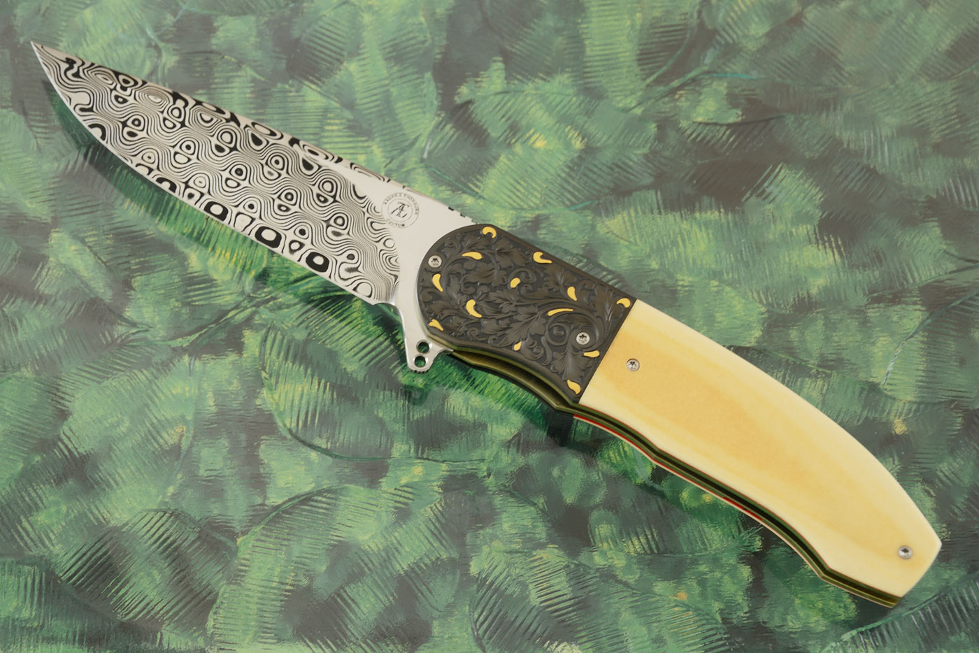 L48 Flipper with Antique Westinghouse Micarta, Damascus, and Engraved Zirconium with Gold Inlays (Ceramic IKBS)