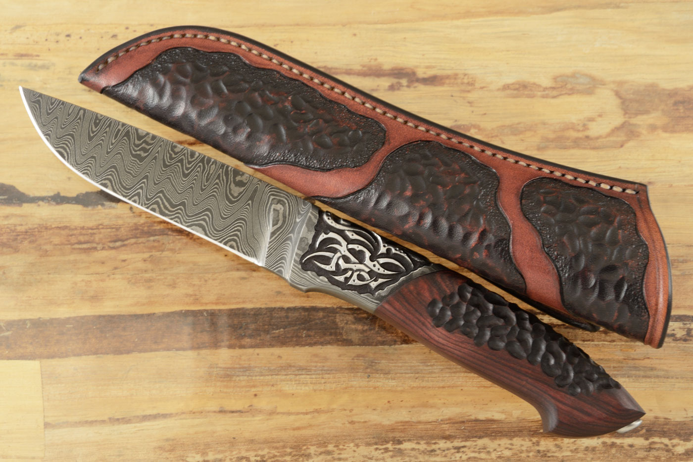 Integral Damascus Utility with Carved Kingwood